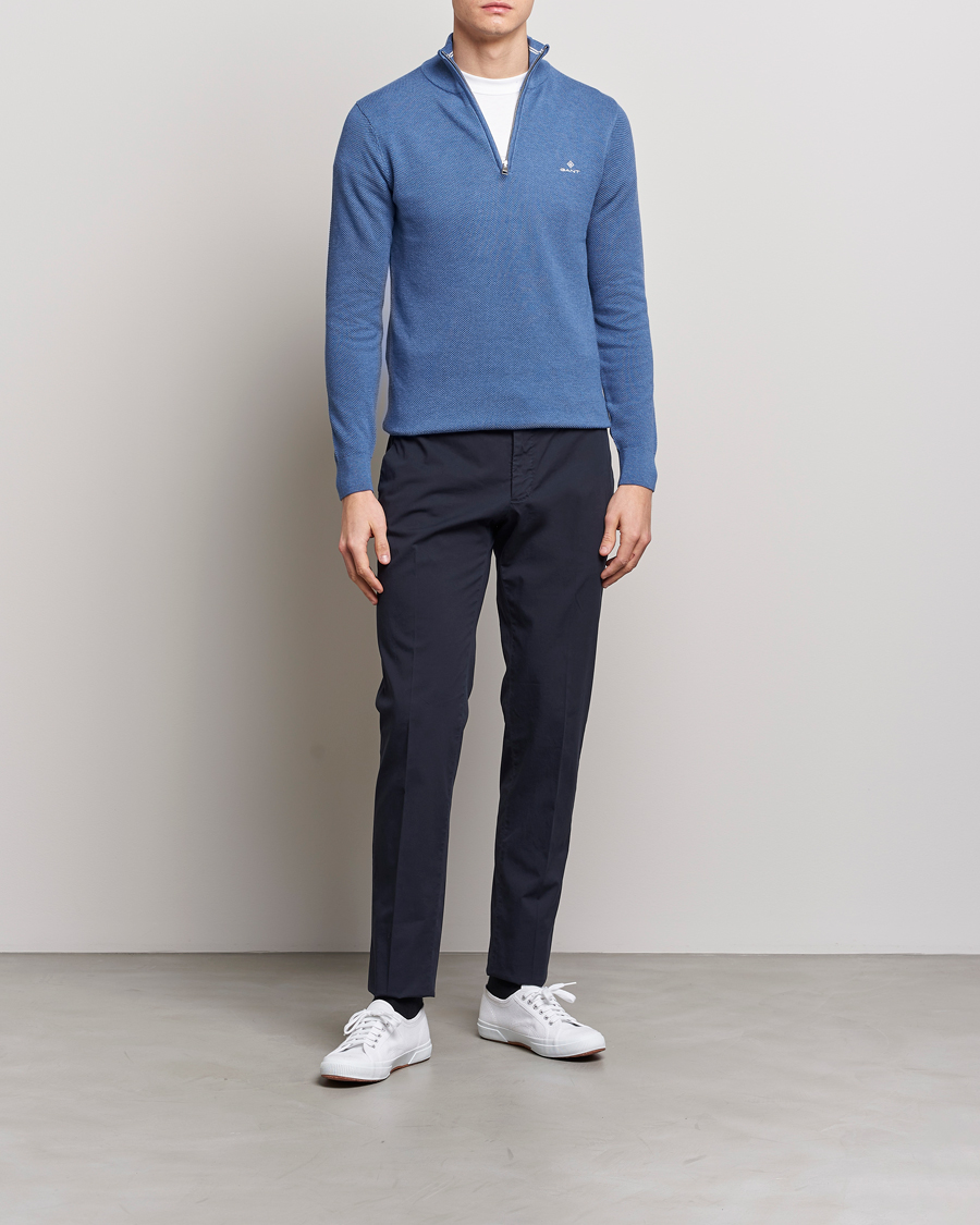 Herren | Pullover | GANT | Cotton Pique Half-Zip Sweater Denim Blue Melange
