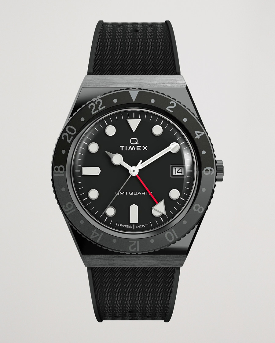 Herren | Timex Q Diver GMT 38mm Rubber Strap Black/Grey | Timex | Q Diver GMT 38mm Rubber Strap Black/Grey