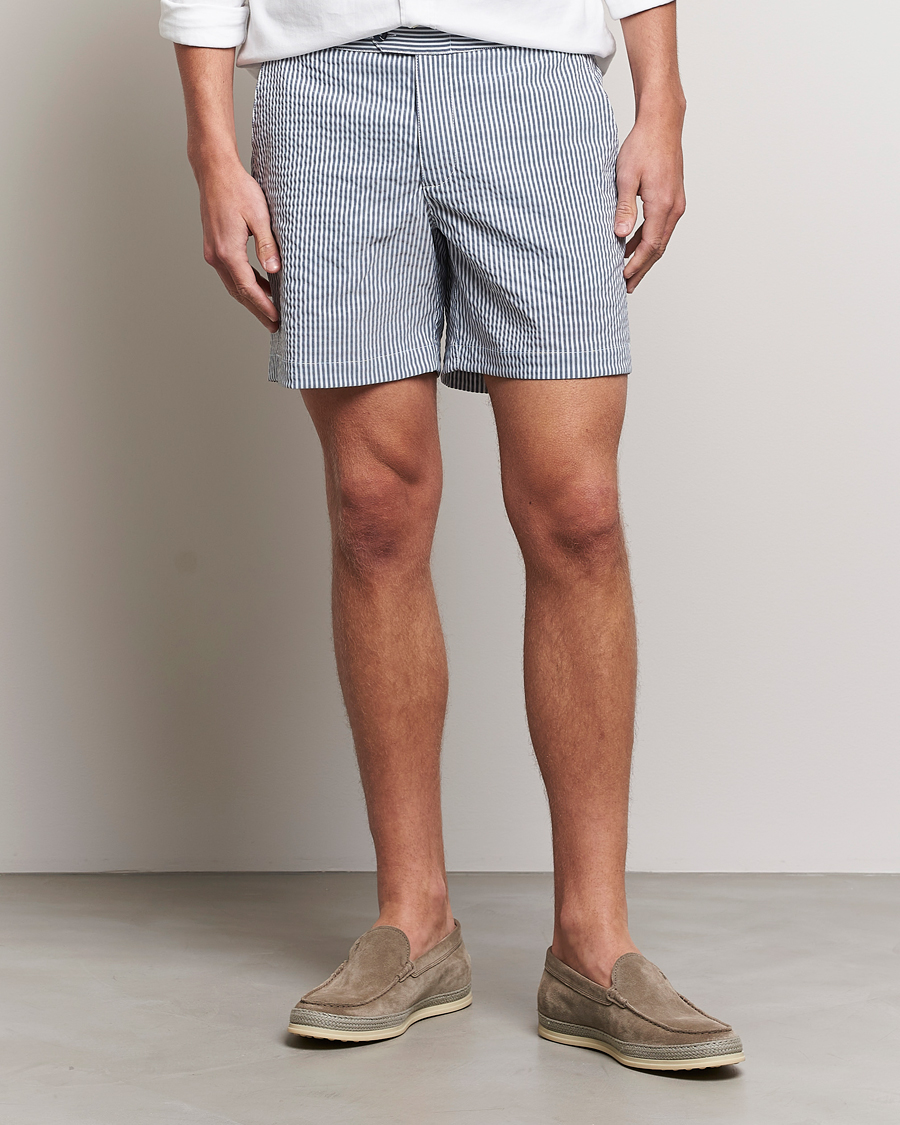 Herren |  | The Resort Co | Tailored Swim Shorts Navy Stripe Seersucker