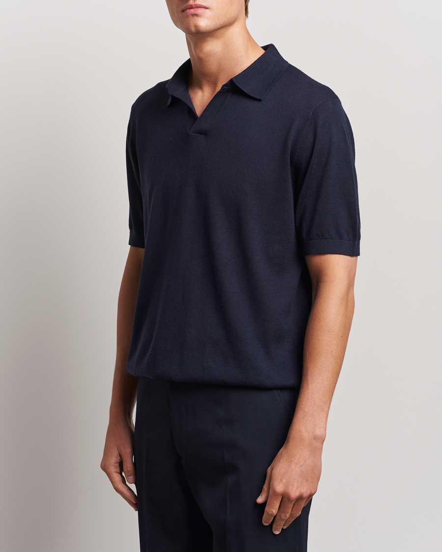 Herren | Poloshirts | A Day's March | Ebro Cotton/Merino Open Collar Polo Navy
