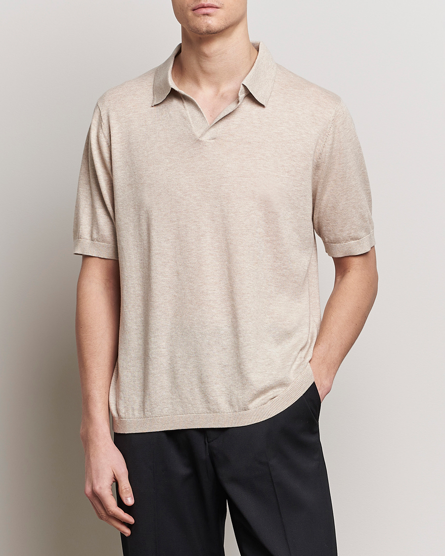 Herren | Kurzarm-Poloshirts | A Day's March | Ebro Cotton/Merino Open Collar Polo Sand