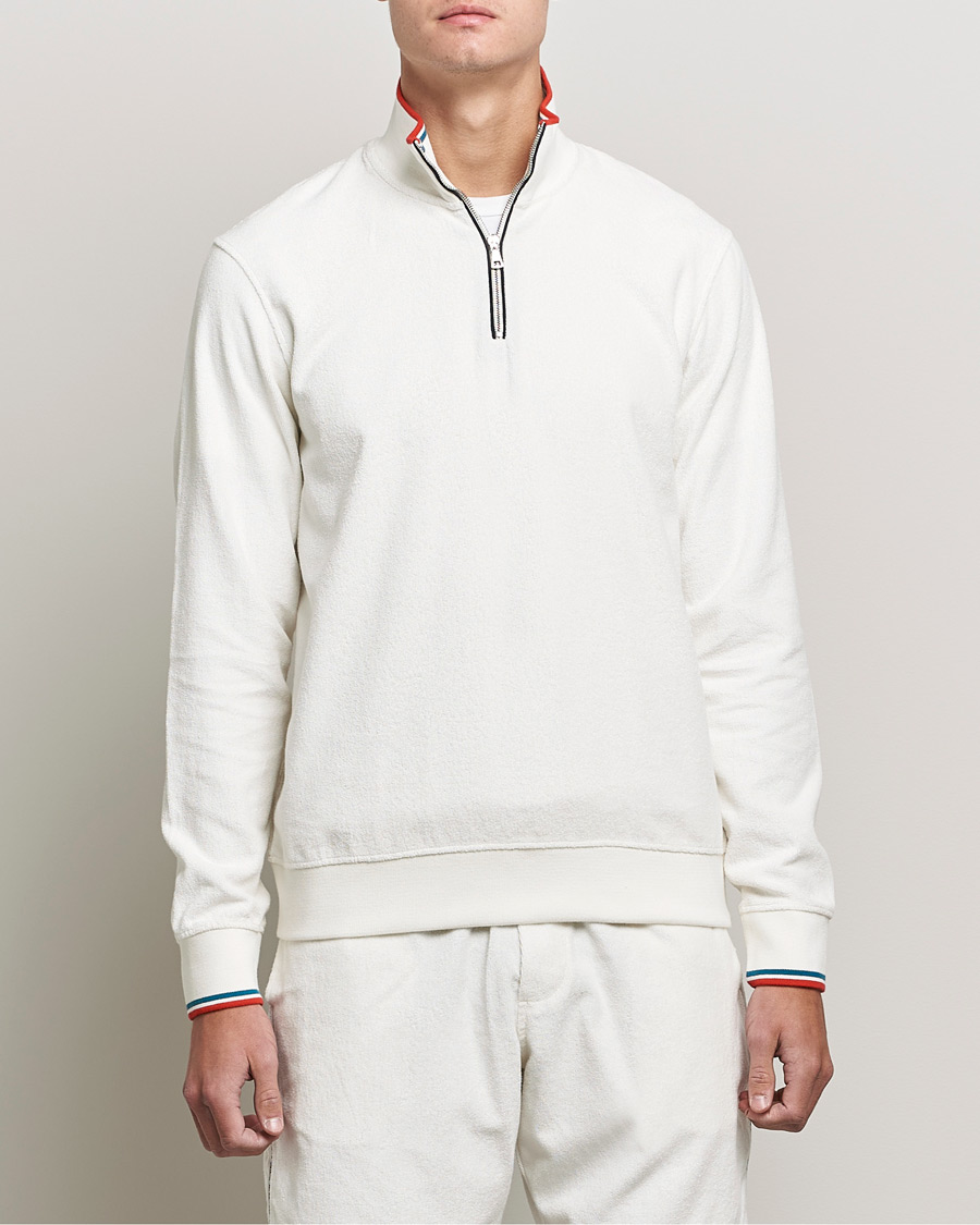 Herren | Pullover | Orlebar Brown | Nielson OB Stripe Towelling Half Zip White Sand