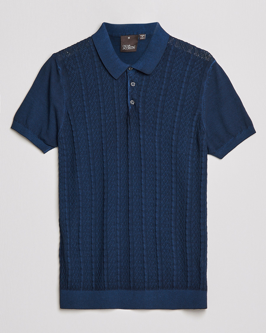 Herren | Poloshirts | Oscar Jacobson | Bard Knitted Cotton Crepe Polo Washed Blue