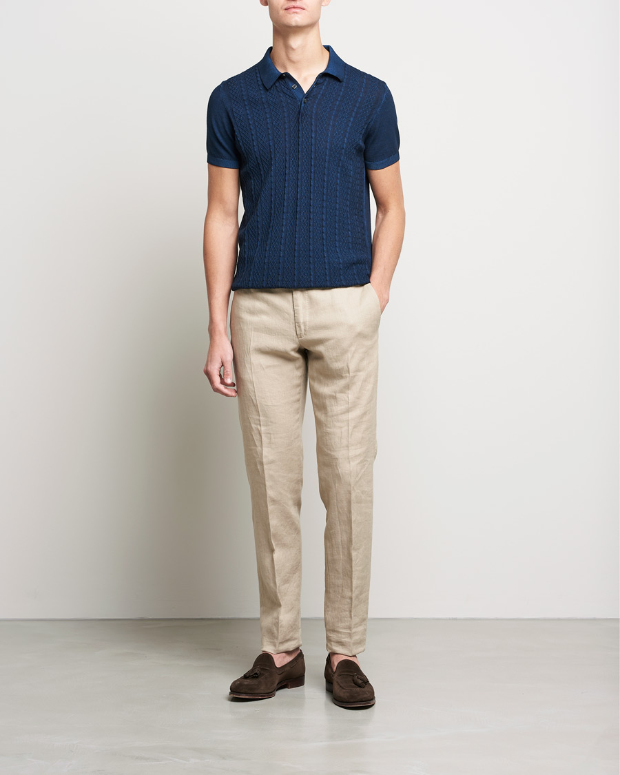 Herren | Poloshirts | Oscar Jacobson | Bard Knitted Cotton Crepe Polo Washed Blue