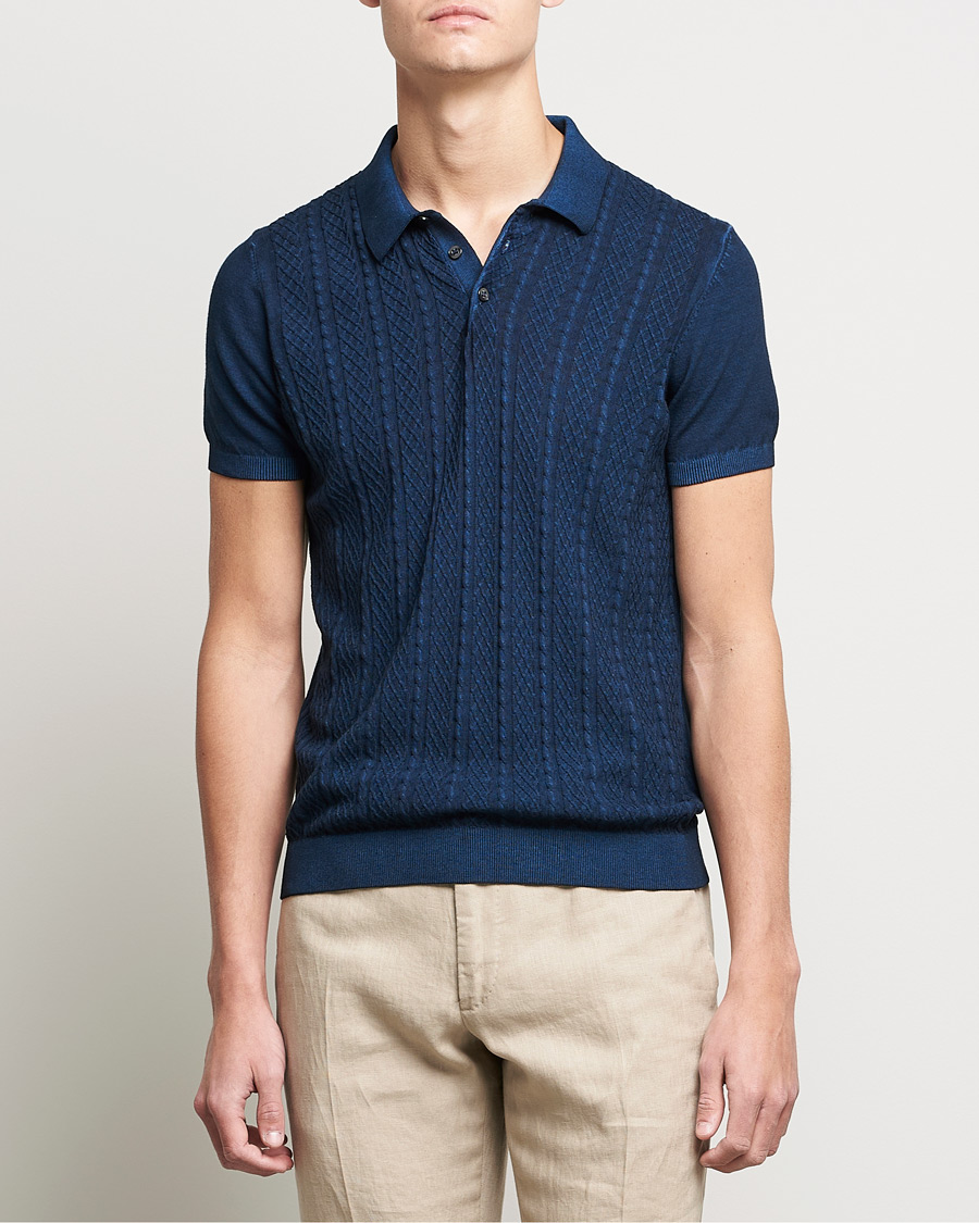 Herren | Poloshirts | Oscar Jacobson | Bard Knitted Cotton Crepe Polo Washed Blue