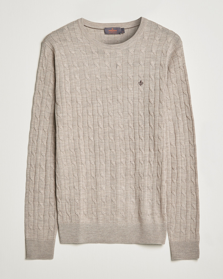 Herren | Pullover | Morris | Merino Cable Crew Neck Khaki Melange