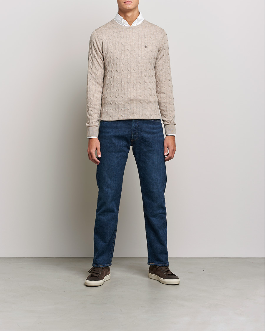 Herren | Pullover | Morris | Merino Cable Crew Neck Khaki Melange