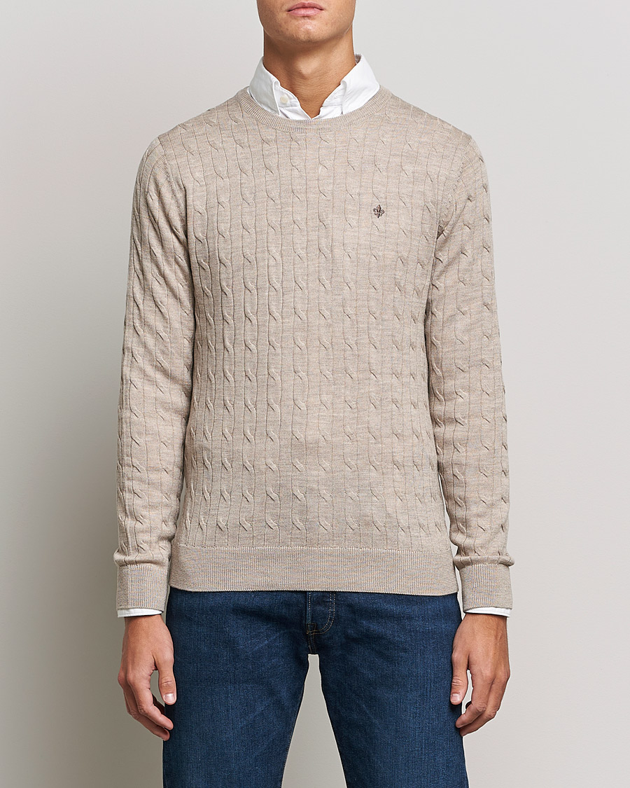 Men | Crew Neck Jumpers | Morris | Merino Cable Crew Neck Khaki