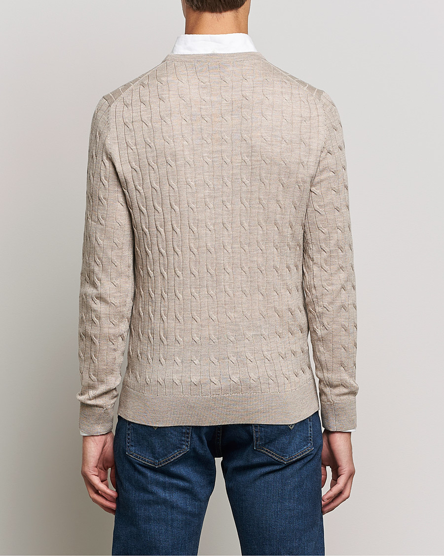 Herren | Pullover | Morris | Merino Cable Crew Neck Khaki Melange