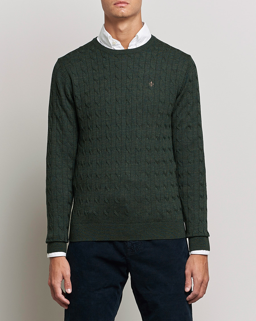 Men | Crew Neck Jumpers | Morris | Merino Cable Crew Neck Olive