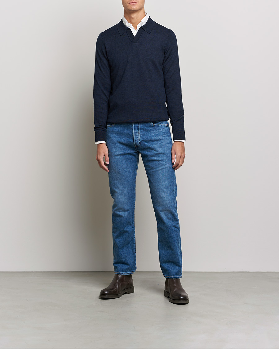 Herren | Pullover | Morris | Delon Merino Knitted Polo Shirt Navy