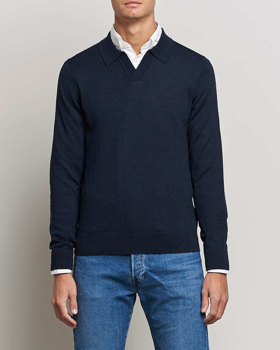 Herren | Pullover | Morris | Delon Merino Knitted Polo Shirt Navy