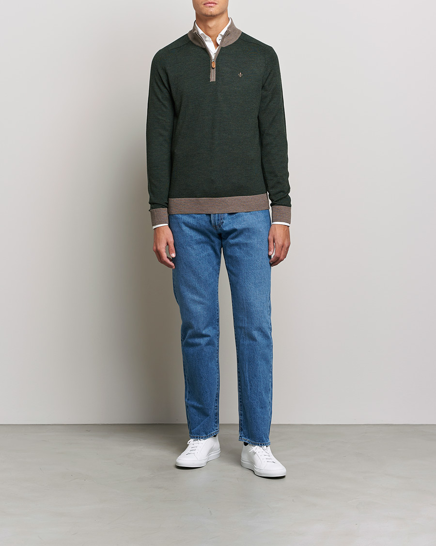 Herren | Pullover | Morris | John Merino Half Zip Green/Brown