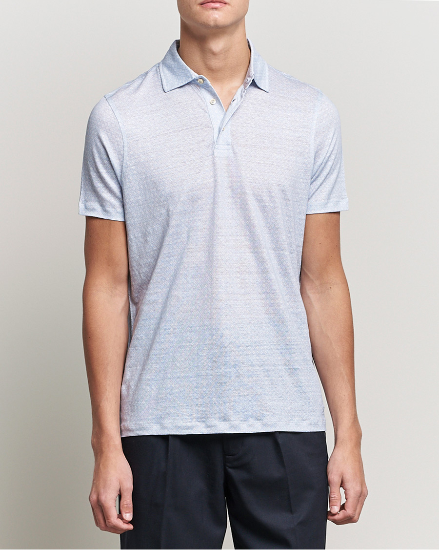 Herren | Poloshirts | Stenströms | Printed Linen Poloshirt Light Blue