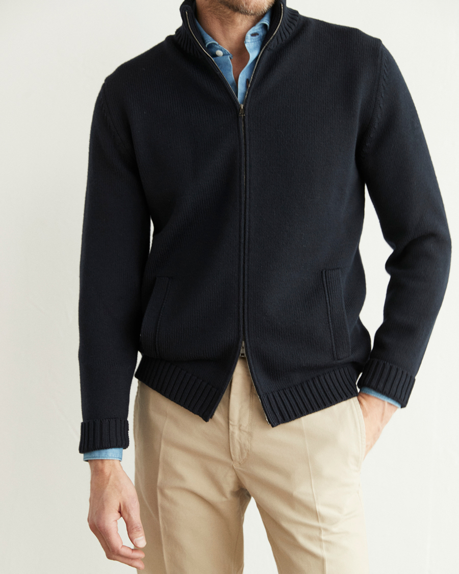 Herren | Pullover | Zanone | Virgin Merino Wool Zip Cardigan Navy