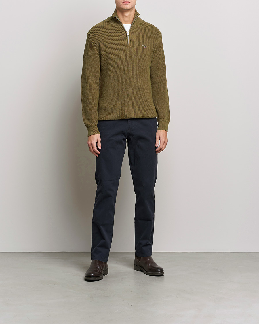 Herren | Reißverschlusspullover | GANT | Cotton/Wool Ribbed Half Zip Sweater Army Green
