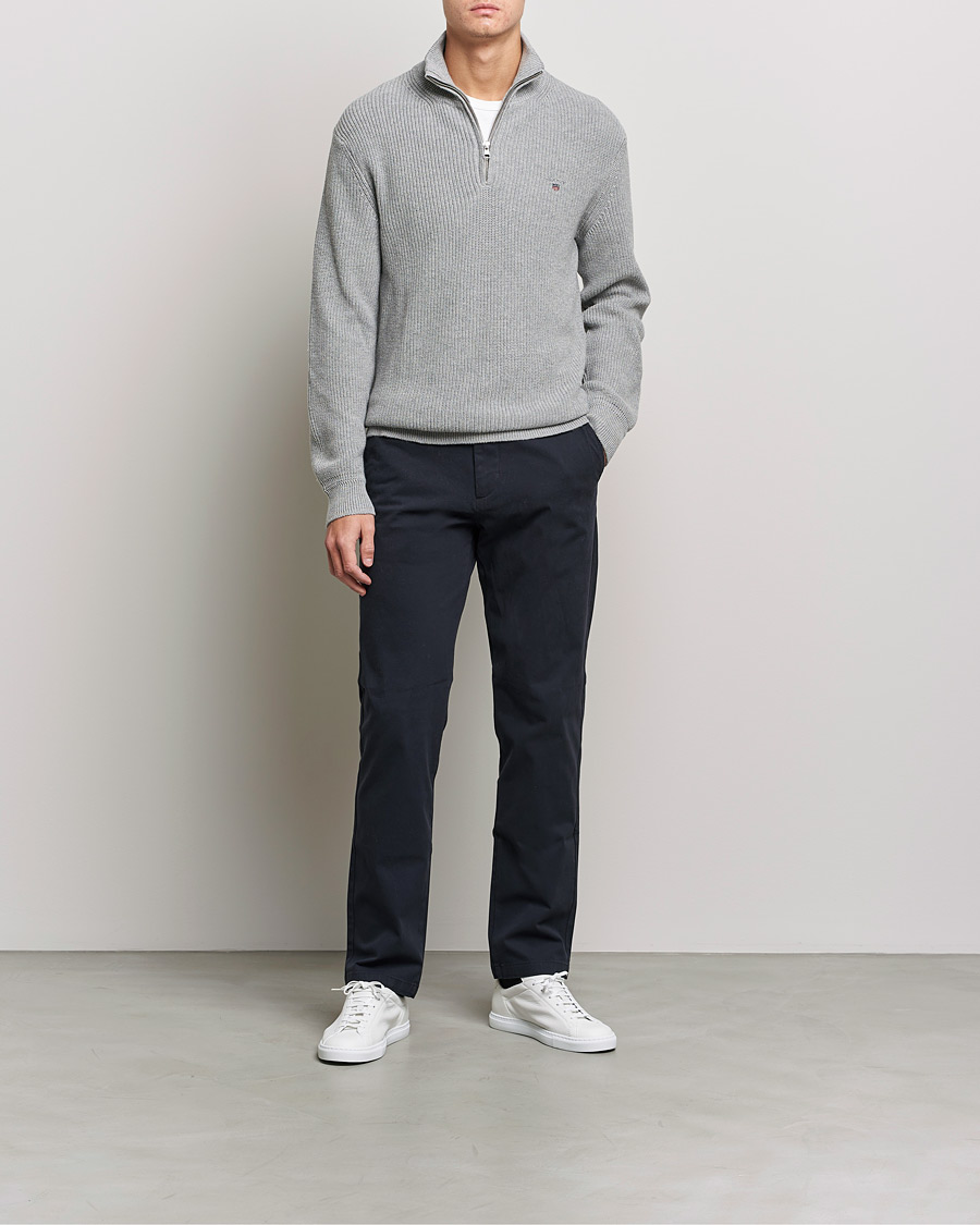 Herren | Preppy Authentic | GANT | Cotton/Wool Ribbed Half Zip Sweater Grey Melange