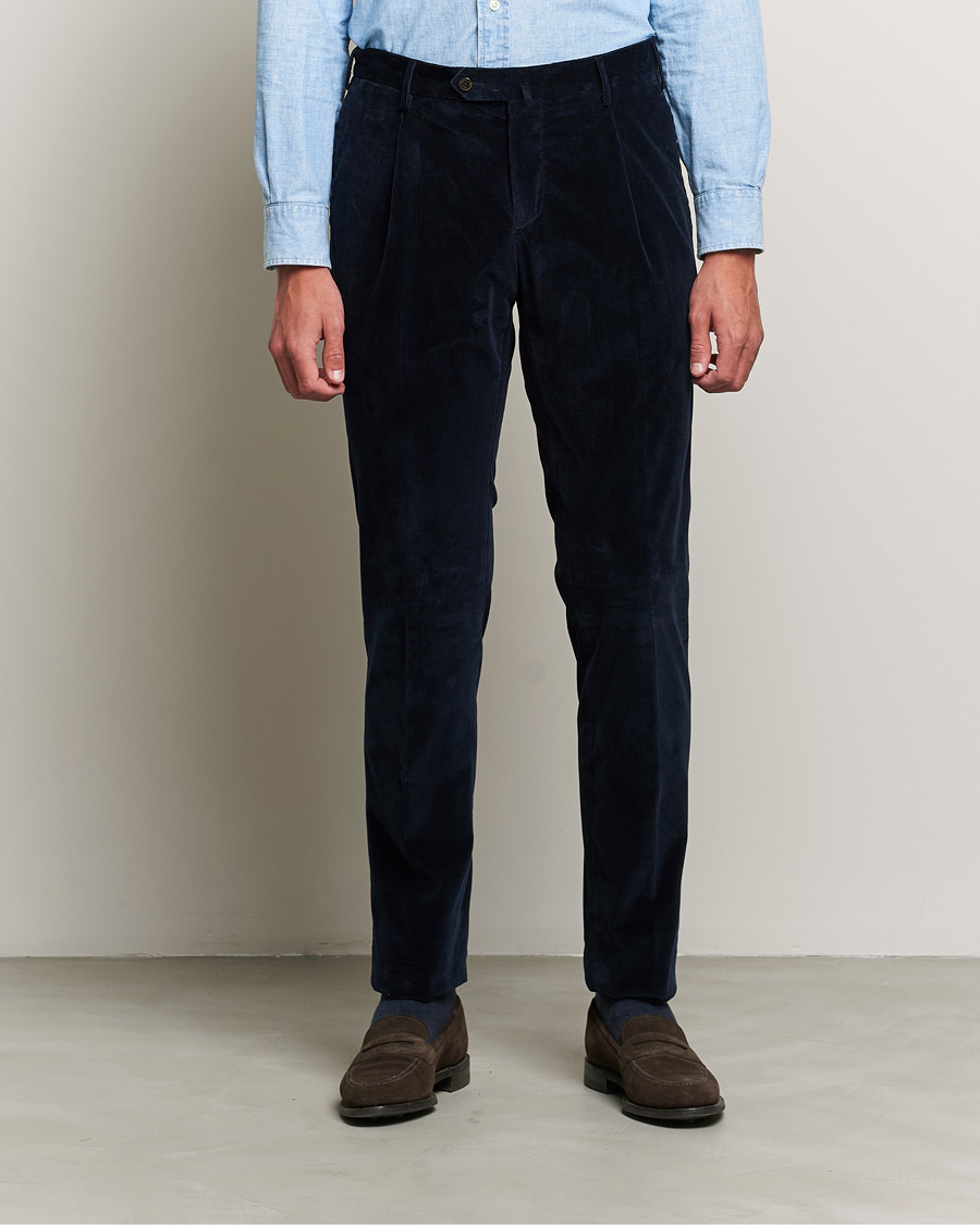 Herren | PT01 | PT01 | Slim Fit Pleated Corduroy Trousers Navy