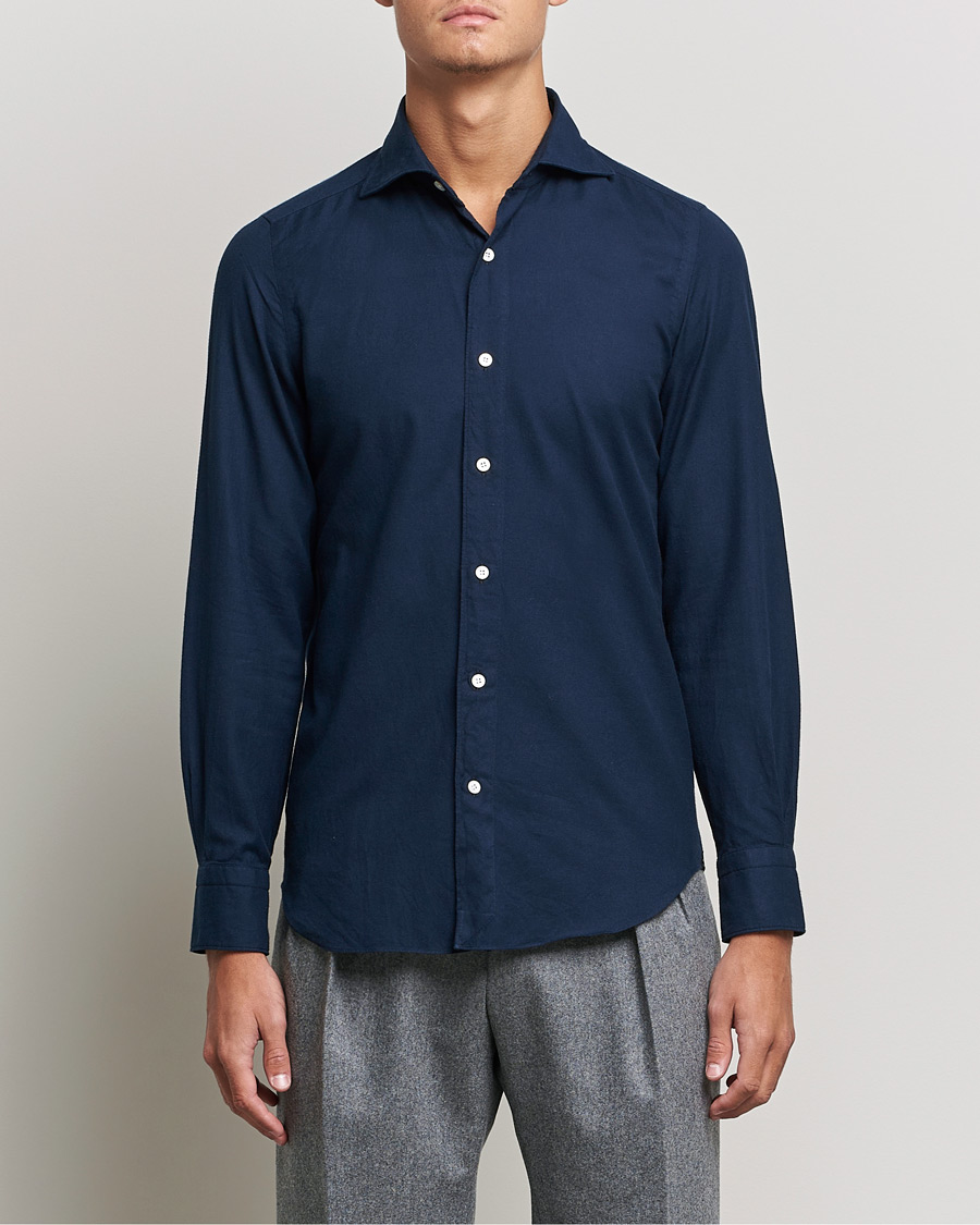 Herren | Flannellhemden | Finamore Napoli | Tokyo Slim Flannel Shirt Navy