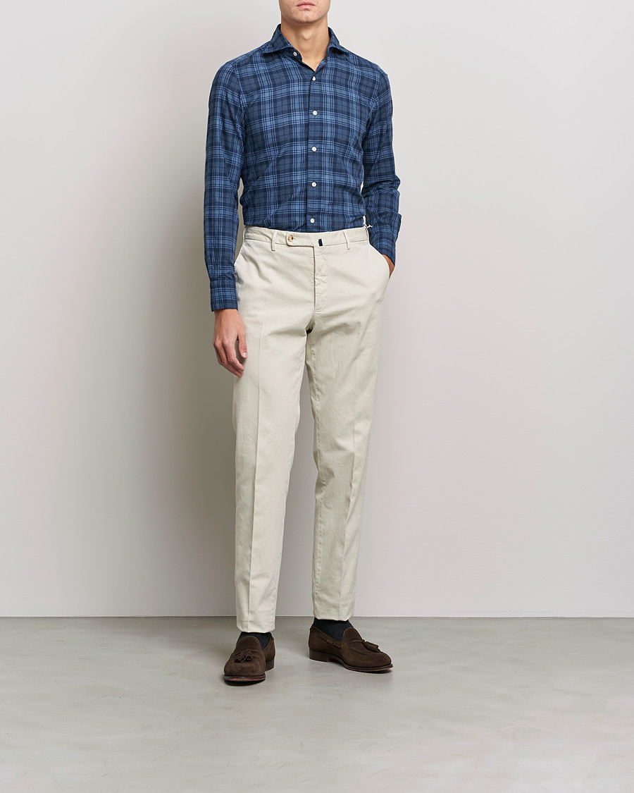 Herren | Hemden | Finamore Napoli | Tokyo Slim Light Flannel Shirt Navy Check