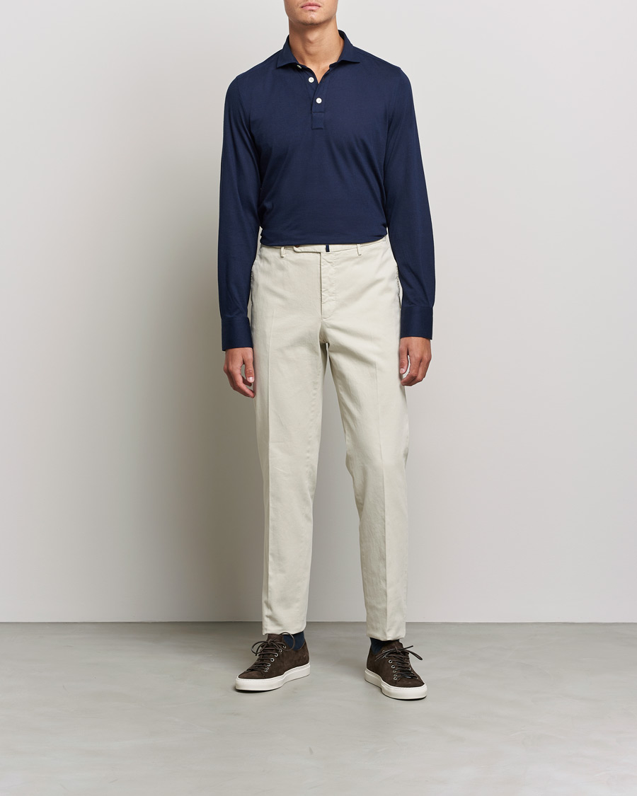Herren | Pullover | Finamore Napoli | Orlando Cashmere Blend Long Sleeve Polo Navy