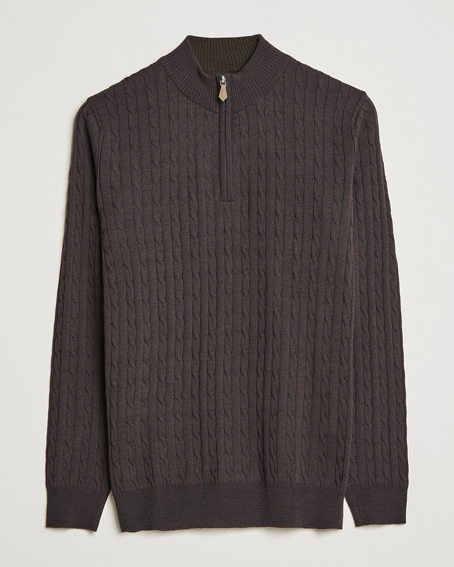 Herren | Pullover | Stenströms | Merino Wool Cable Half Zip Dark Brown