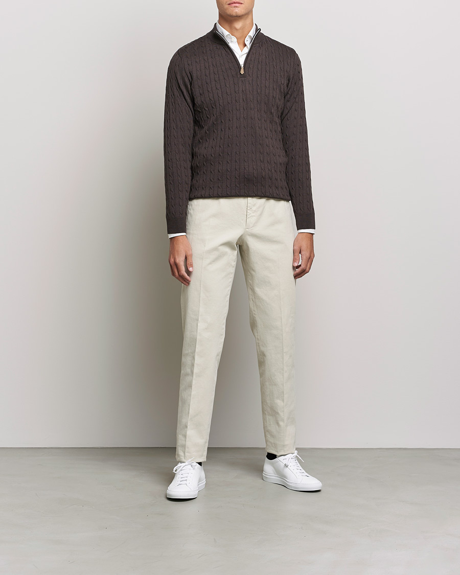 Herren | Pullover | Stenströms | Merino Wool Cable Half Zip Dark Brown