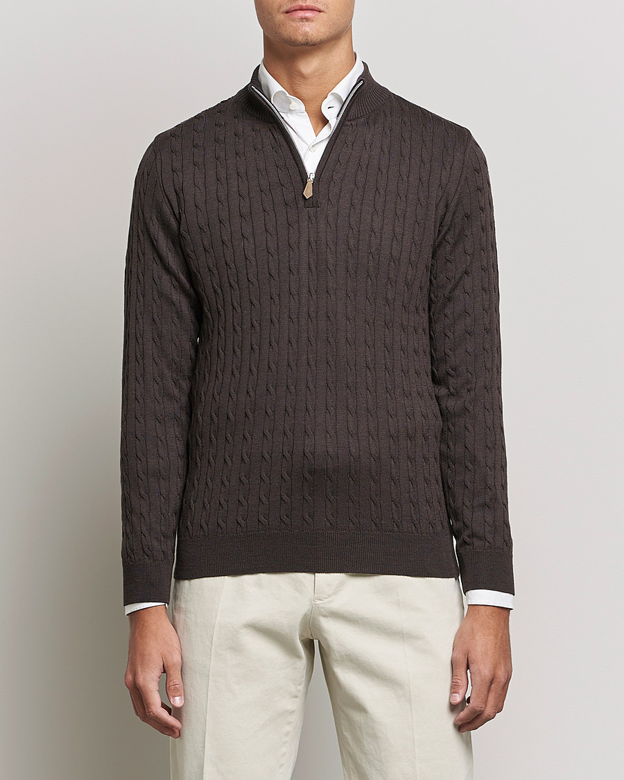 Herren | Pullover | Stenströms | Merino Wool Cable Half Zip Dark Brown