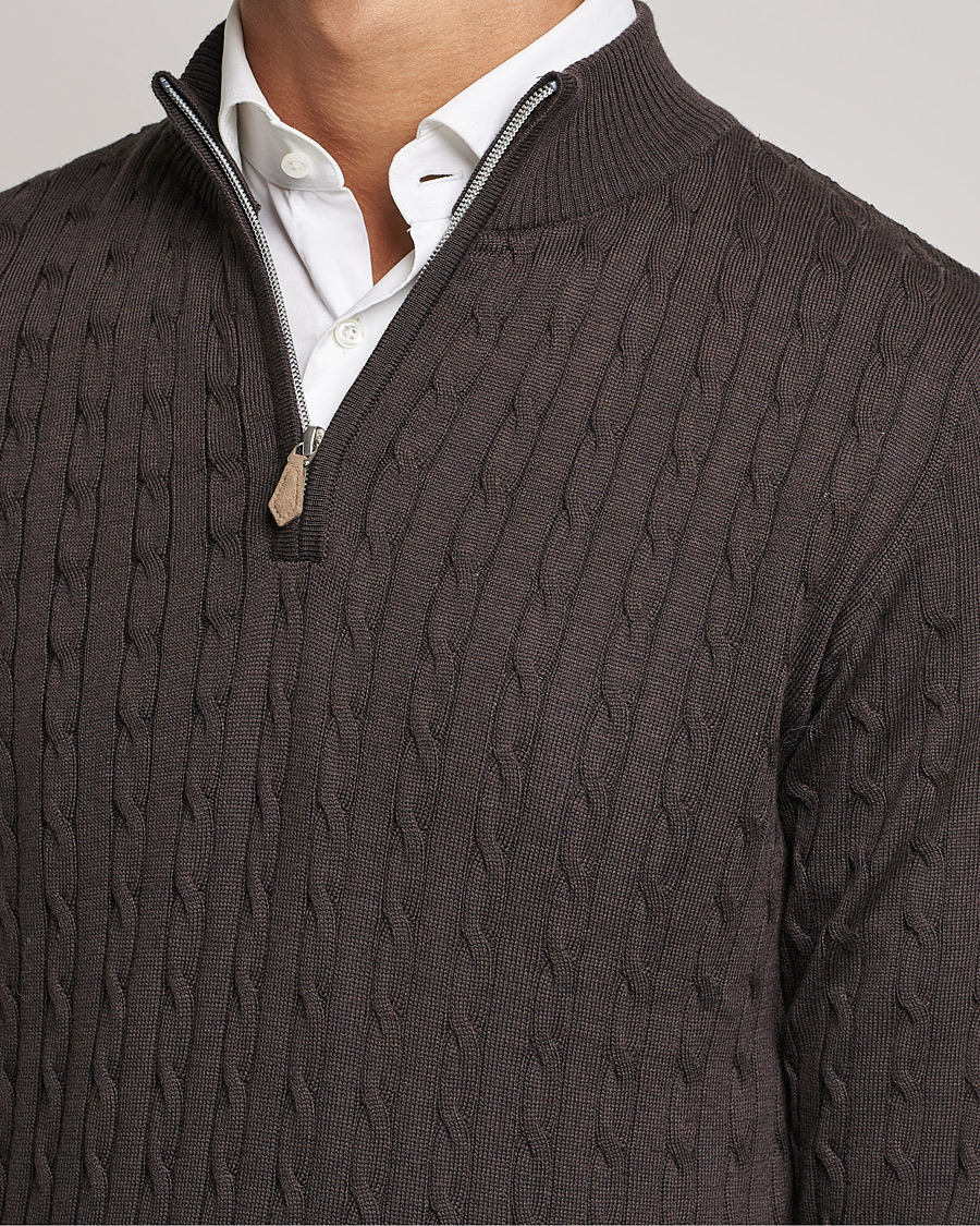 Herren | Pullover | Stenströms | Merino Wool Cable Half Zip Dark Brown