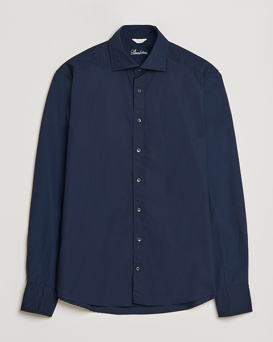 Herren | Hemden | Stenströms | Slimline Washed Cut Away Poplin Shirt Navy
