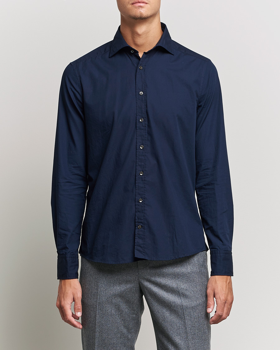 Herren | Hemden | Stenströms | Slimline Washed Cut Away Poplin Shirt Navy