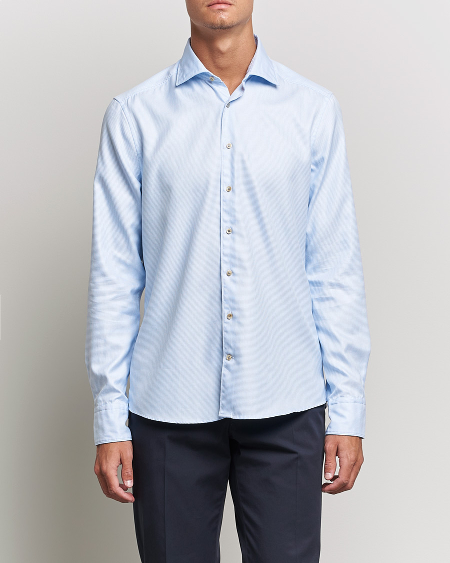 Herren | Hemden | Stenströms | Slimline Cut Away Washed Houndstooth Shirt Light Blue
