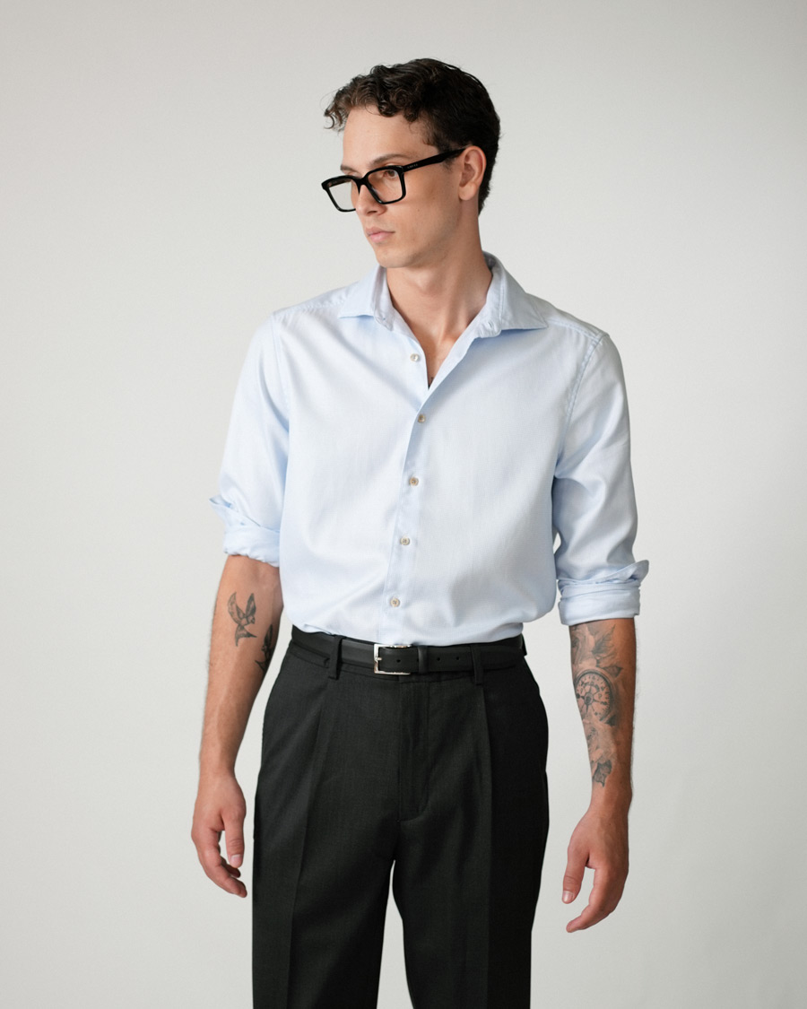 Herren | Hemden | Stenströms | Slimline Cut Away Washed Houndstooth Shirt Light Blue