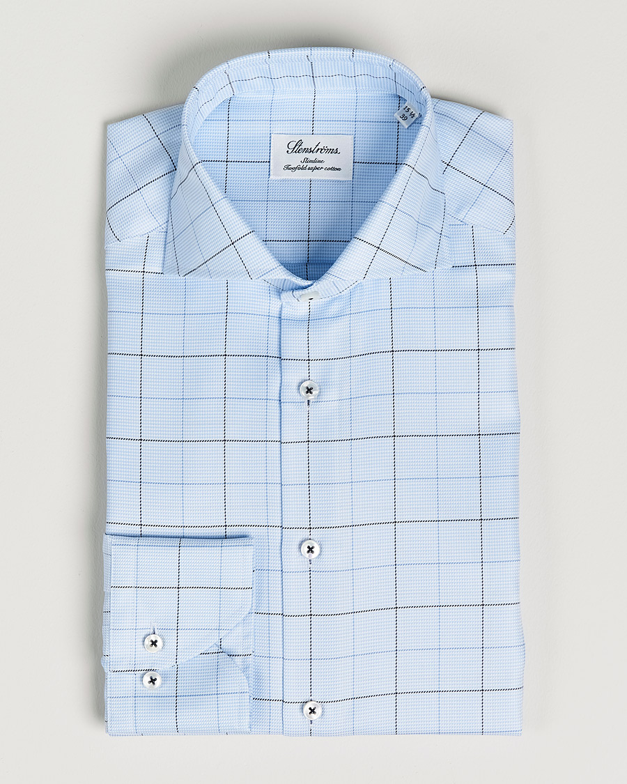 Herren | Hemden | Stenströms | Slimline Cut Away Windowpane Shirt Blue