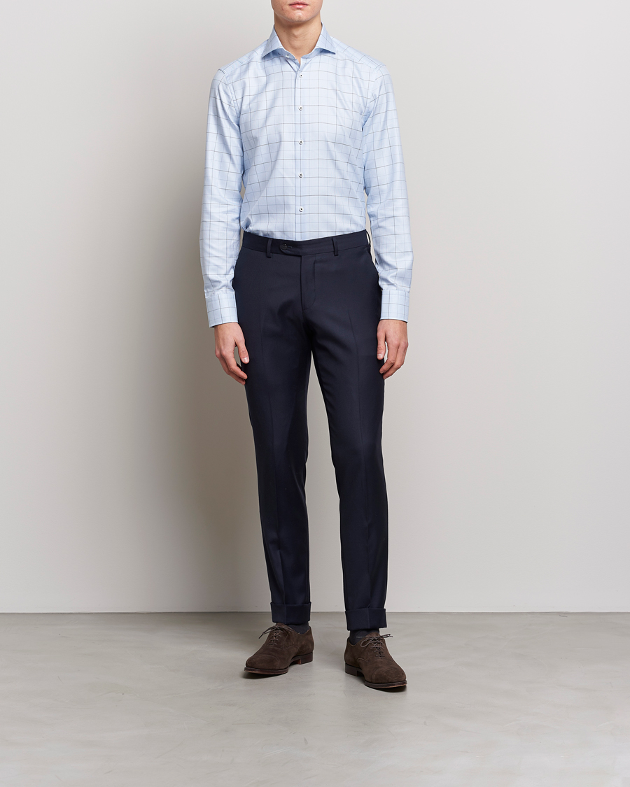 Herren | Hemden | Stenströms | Slimline Cut Away Windowpane Shirt Blue