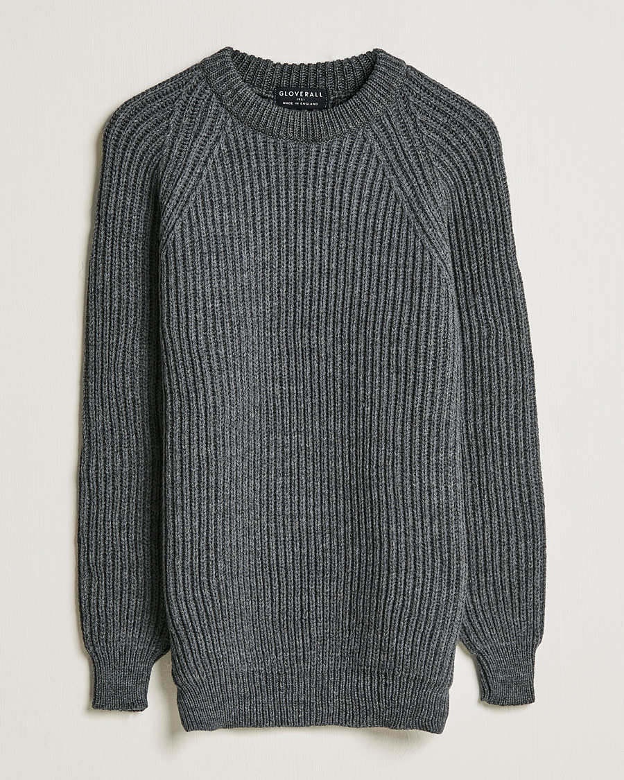 Herren | Pullover | Gloverall | Fisherman Rib Chunky Wool Crew Neck Grey