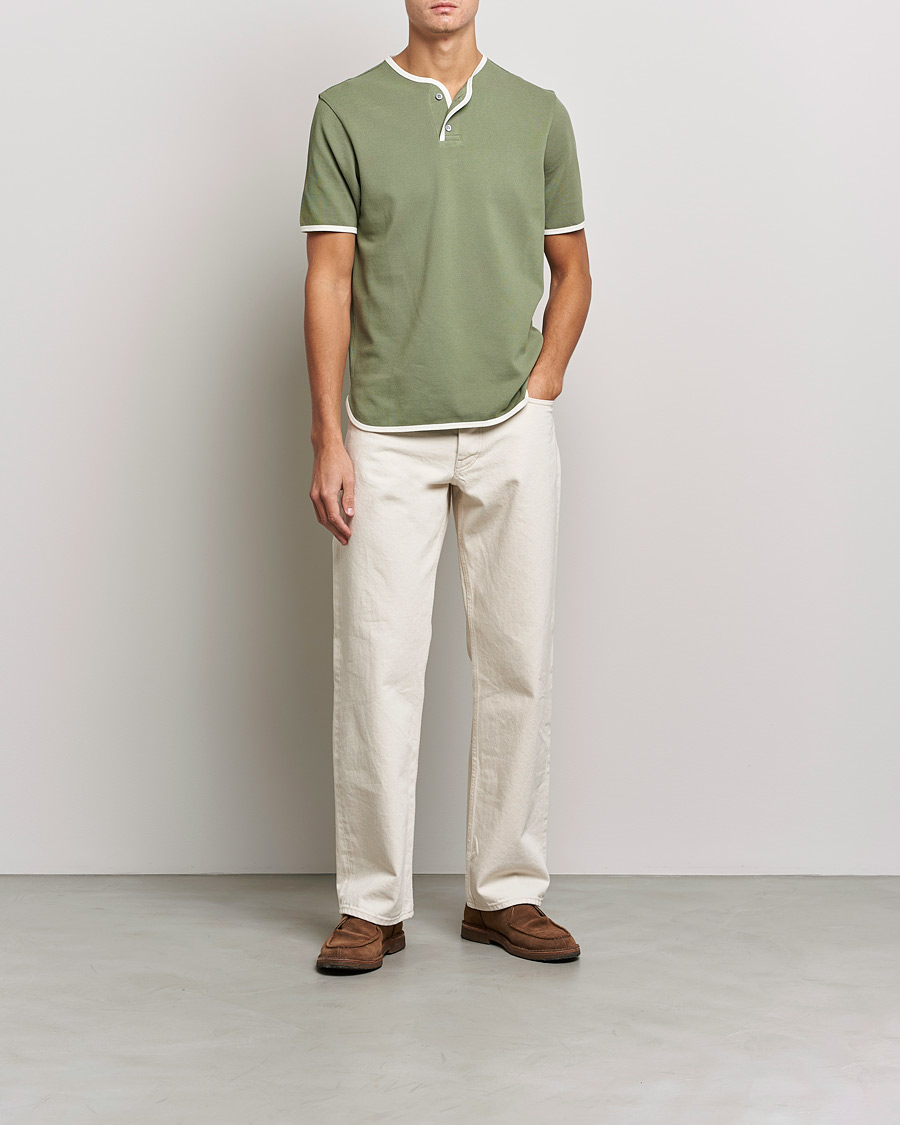 Herren | T-Shirts | Sunspel | Paul Weller Heavy Cotton Pique Henley T-Shirt Dark Sage