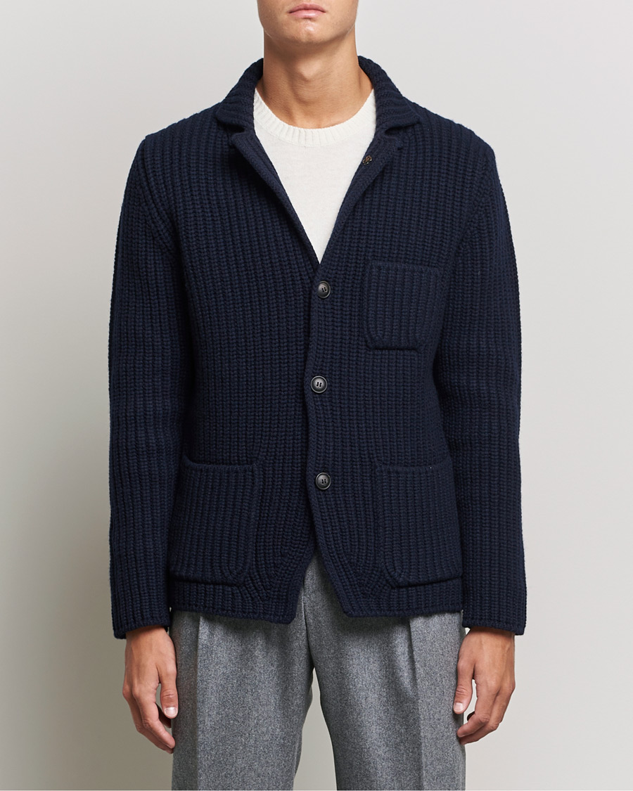 Herren | Strickjacke | Gran Sasso | Heavy Wool Knitted Blazer Cardigan Navy