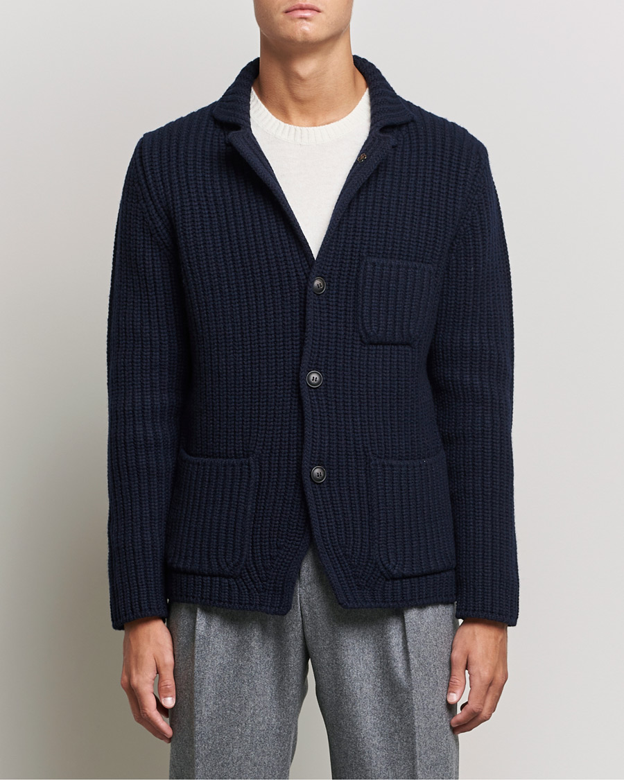 Herren | Pullover | Gran Sasso | Heavy Wool Knitted Blazer Cardigan Navy