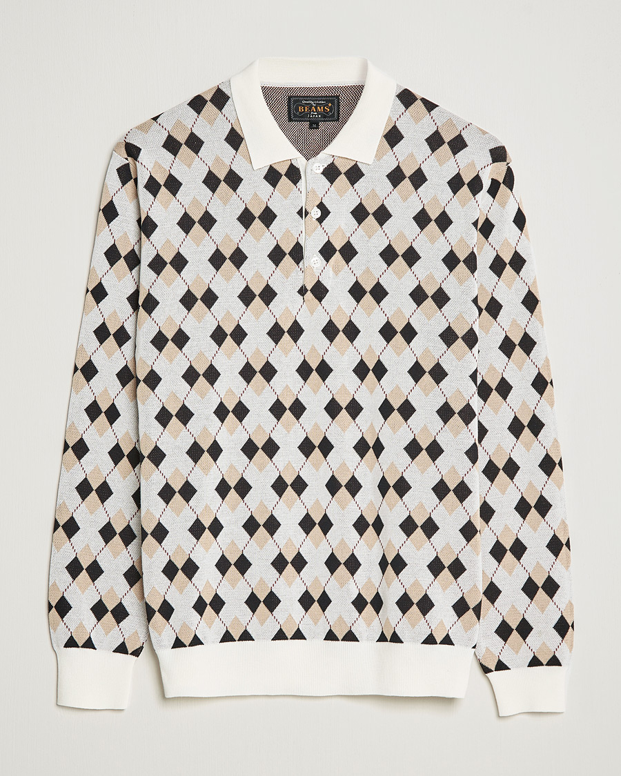 Herren | Bestickte Polohemden | BEAMS PLUS | Argyle Knitted Polo Off White
