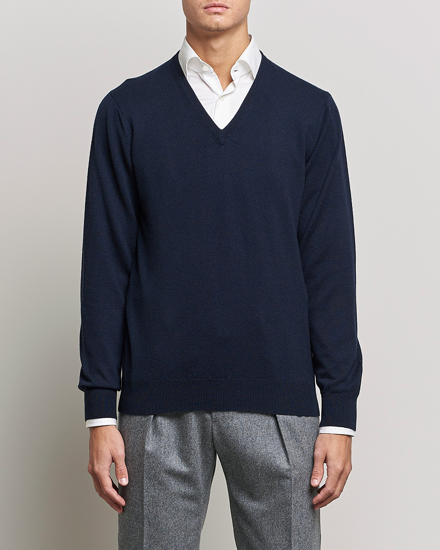 Herren | Kaschmirpullover | Piacenza Cashmere | Cashmere V Neck Sweater Navy