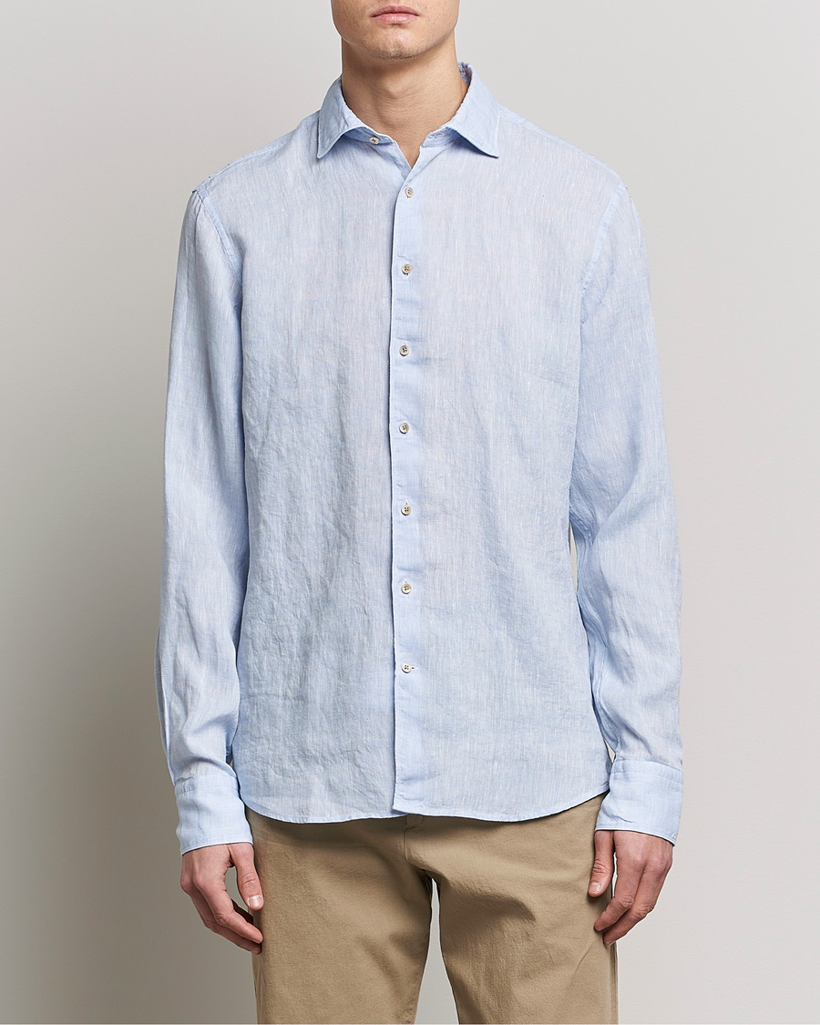 Herren |  | Stenströms | Fitted Body Cut Away Linen Shirt Light Blue