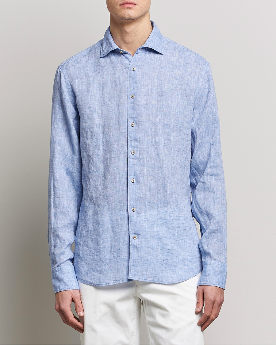 Herren | Hemden | Stenströms | Fitted Body Cut Away Linen Shirt Blue