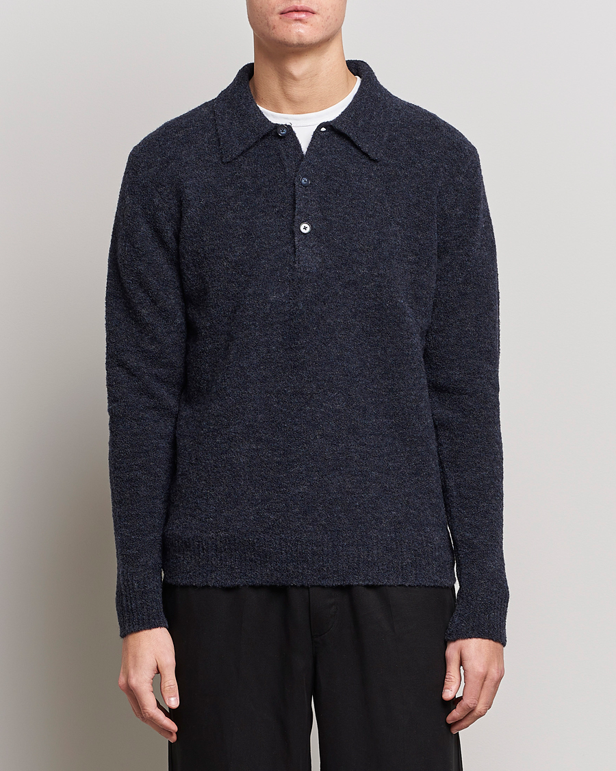 Herren | Bestickte Polohemden | NN07 | Alfie Boiled Wool Knitted Polo Blue Melange
