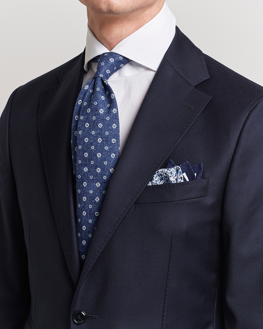 Herren | Amanda Christensen | Amanda Christensen | Box Set Printed Linen 8cm Tie With Pocket Square Navy