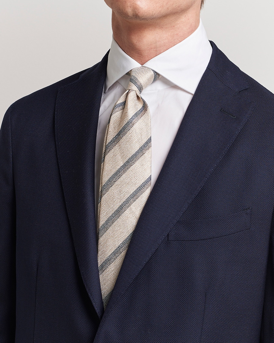 Herren | Amanda Christensen Silk/Linen Striped 8cm Tie Natural | Amanda Christensen | Silk/Linen Striped 8cm Tie Natural