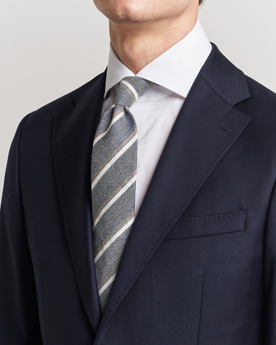 Herren |  | Amanda Christensen | Silk/Linen Striped 8cm Tie Navy