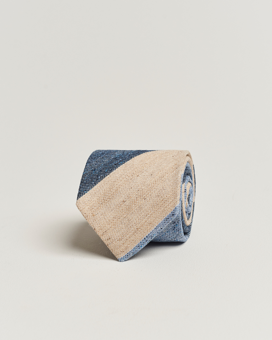 Herren | Amanda Christensen Silk/Linen/Cotton Block Striped 8cm Tie Navy/Blue/Beige | Amanda Christensen | Silk/Linen/Cotton Block Striped 8cm Tie Navy/Blue/Beige