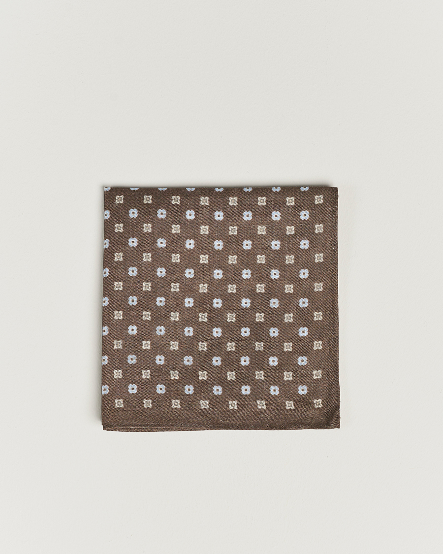 Herren | Amanda Christensen Linen Printed Flower Pocket Square Brown | Amanda Christensen | Linen Printed Flower Pocket Square Brown