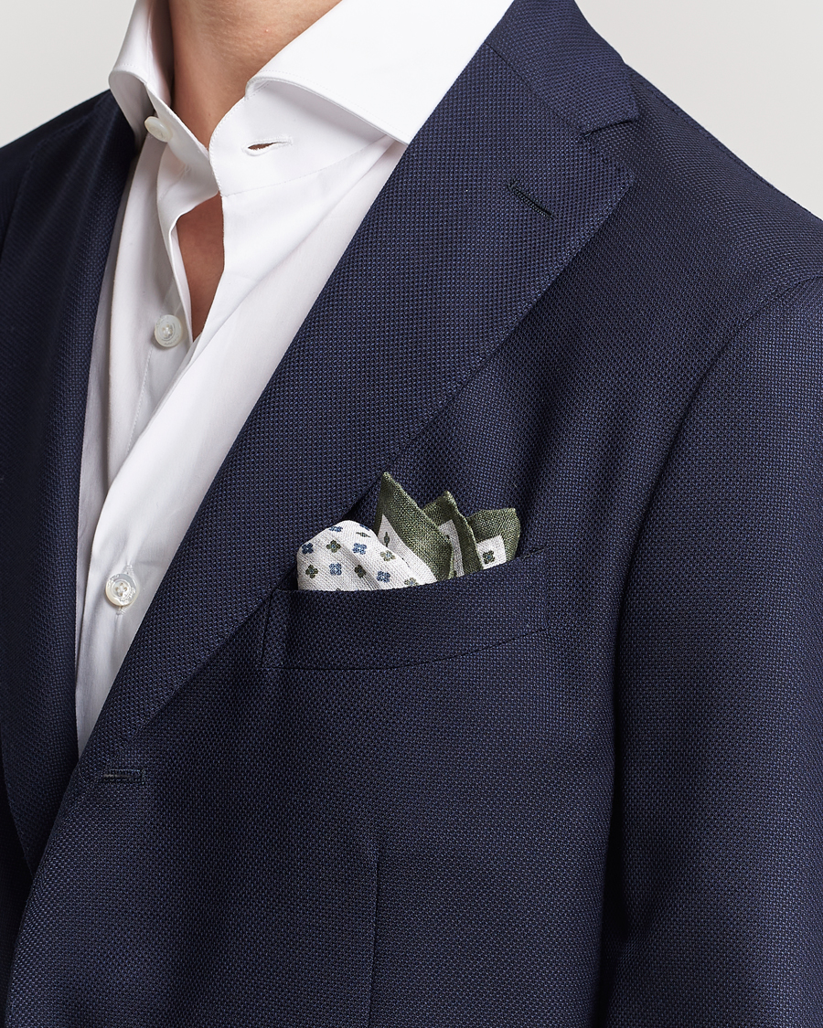 Herren | Einstecktücher | Amanda Christensen | Linen Paspoal Printed Flower Pocket Square White/Green